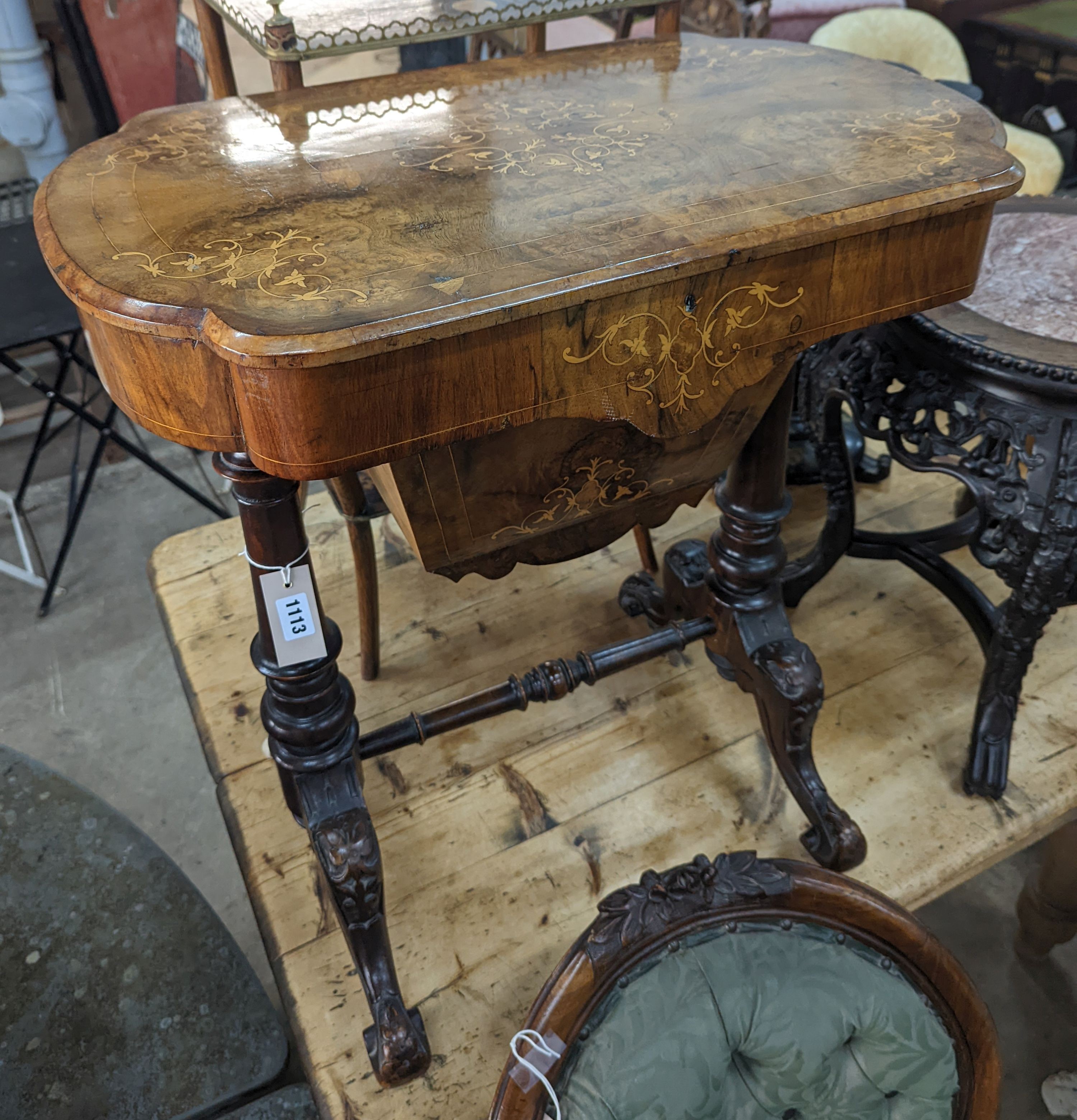 A Victorian marquetry inlaid walnut work table, width 64cm, depth 41cm, height 72cm